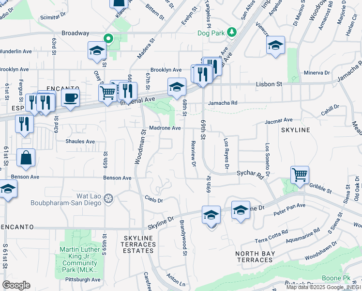 map of restaurants, bars, coffee shops, grocery stores, and more near 294 68th Street in San Diego