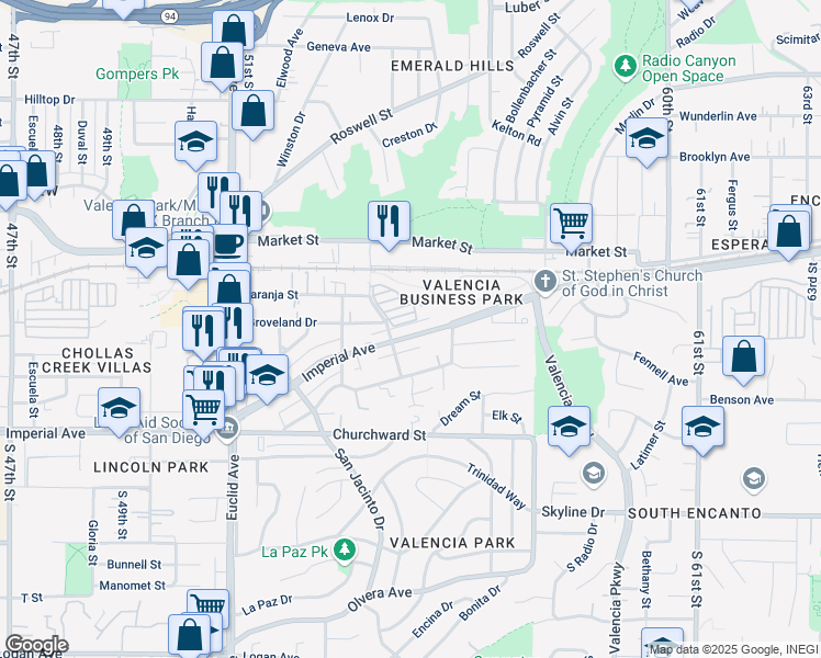 map of restaurants, bars, coffee shops, grocery stores, and more near 5430 Imperial Avenue in San Diego