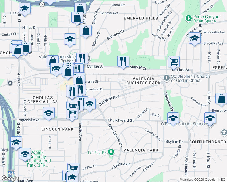 map of restaurants, bars, coffee shops, grocery stores, and more near 5285 Groveland Drive in San Diego