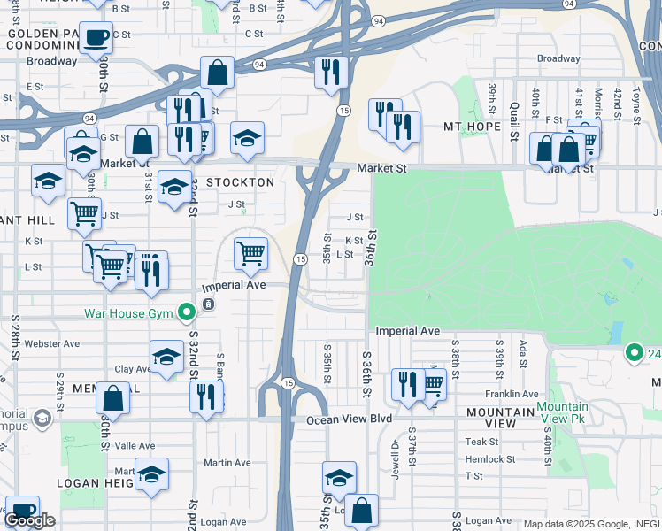 map of restaurants, bars, coffee shops, grocery stores, and more near 3505 L Street in San Diego