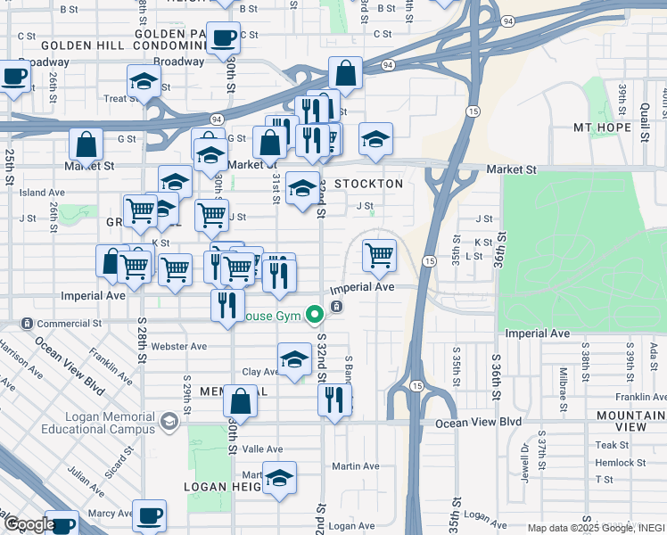 map of restaurants, bars, coffee shops, grocery stores, and more near 3228 L Street in San Diego