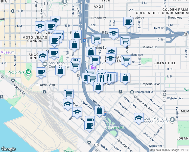 map of restaurants, bars, coffee shops, grocery stores, and more near 2004-10 L Street in San Diego