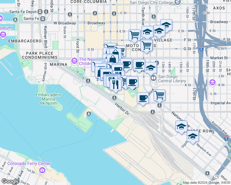 map of restaurants, bars, coffee shops, grocery stores, and more near 201 Fifth Avenue in San Diego