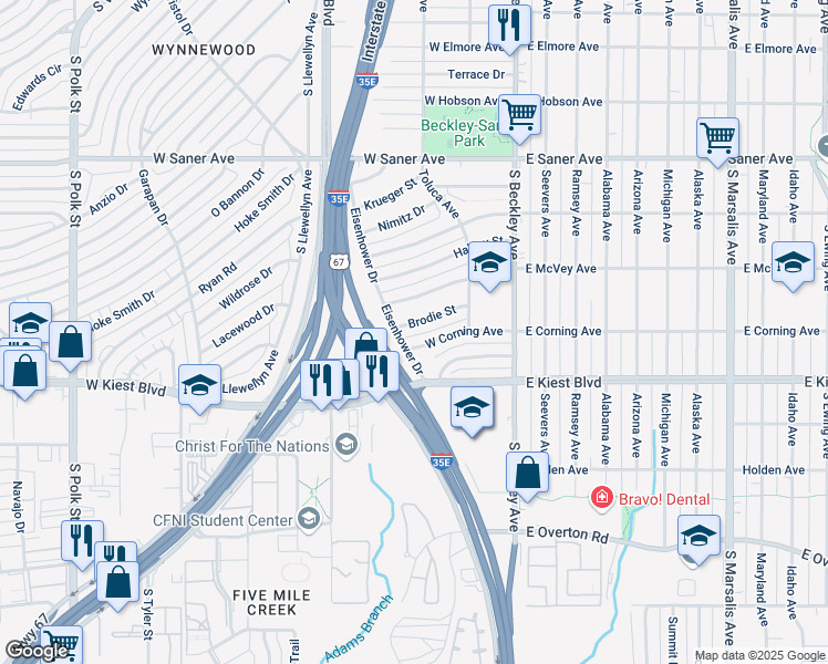 map of restaurants, bars, coffee shops, grocery stores, and more near 302 Brodie Street in Dallas