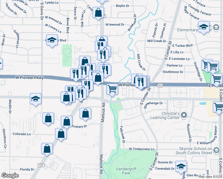 map of restaurants, bars, coffee shops, grocery stores, and more near 500 West Pioneer Parkway in Arlington