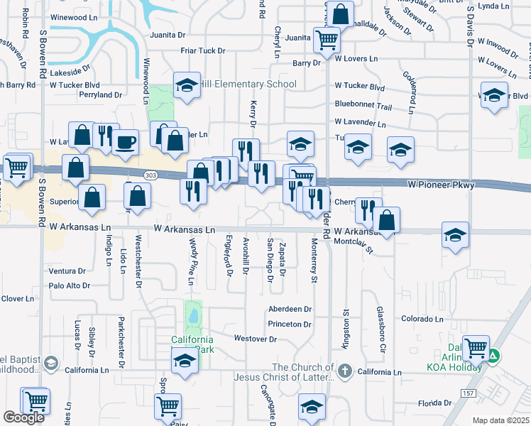 map of restaurants, bars, coffee shops, grocery stores, and more near 2215 Cornerstone Lane in Arlington