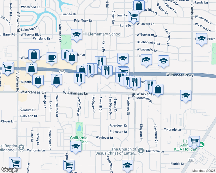 map of restaurants, bars, coffee shops, grocery stores, and more near 2215 Cornerstone Lane in Arlington