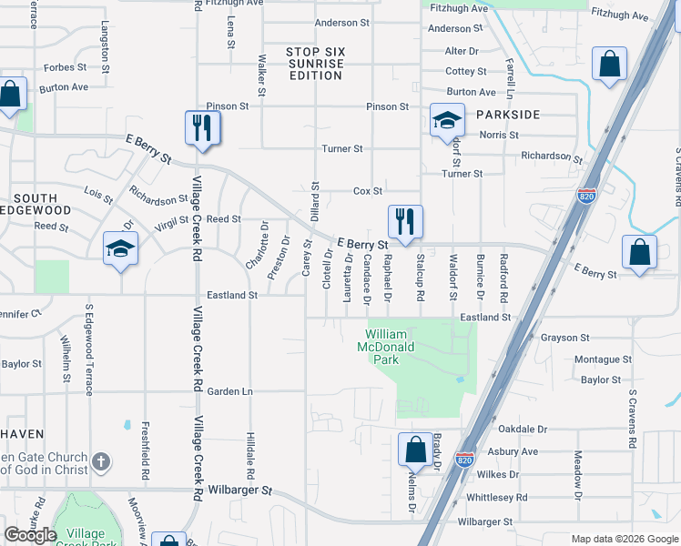 map of restaurants, bars, coffee shops, grocery stores, and more near 3729 Clotell Drive in Fort Worth