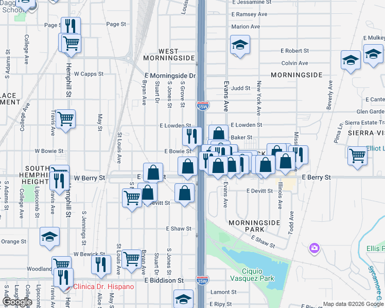 map of restaurants, bars, coffee shops, grocery stores, and more near 3000 South Freeway in Fort Worth