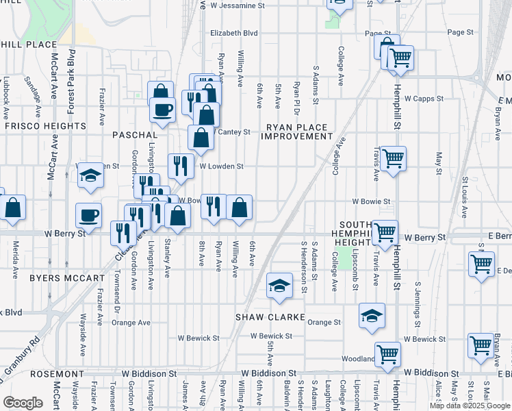 map of restaurants, bars, coffee shops, grocery stores, and more near 3010 6th Avenue in Fort Worth