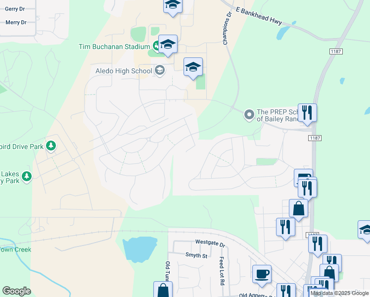 map of restaurants, bars, coffee shops, grocery stores, and more near 616 Rockledge Court in Aledo