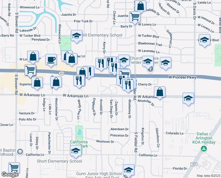 map of restaurants, bars, coffee shops, grocery stores, and more near 2215 Cornerstone Lane in Arlington