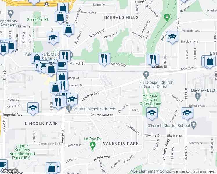 map of restaurants, bars, coffee shops, grocery stores, and more near 5424 Imperial Avenue in San Diego