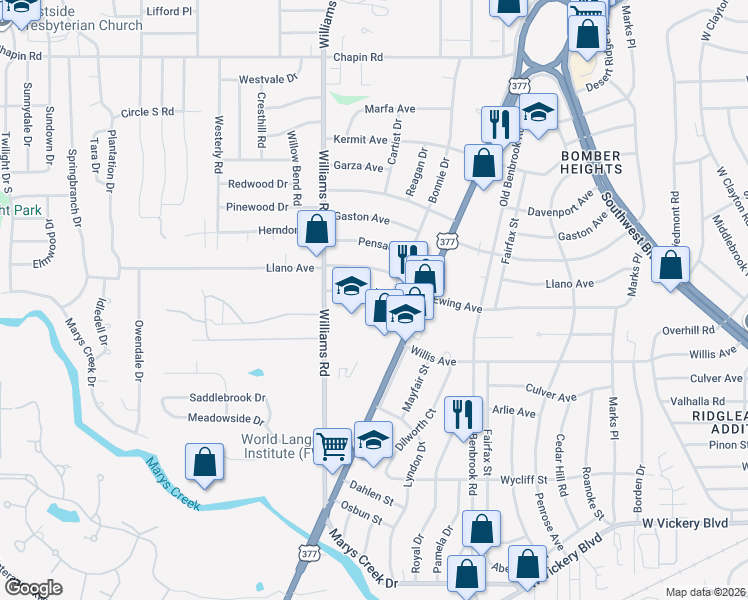 map of restaurants, bars, coffee shops, grocery stores, and more near 7705 Ewing Avenue in Fort Worth