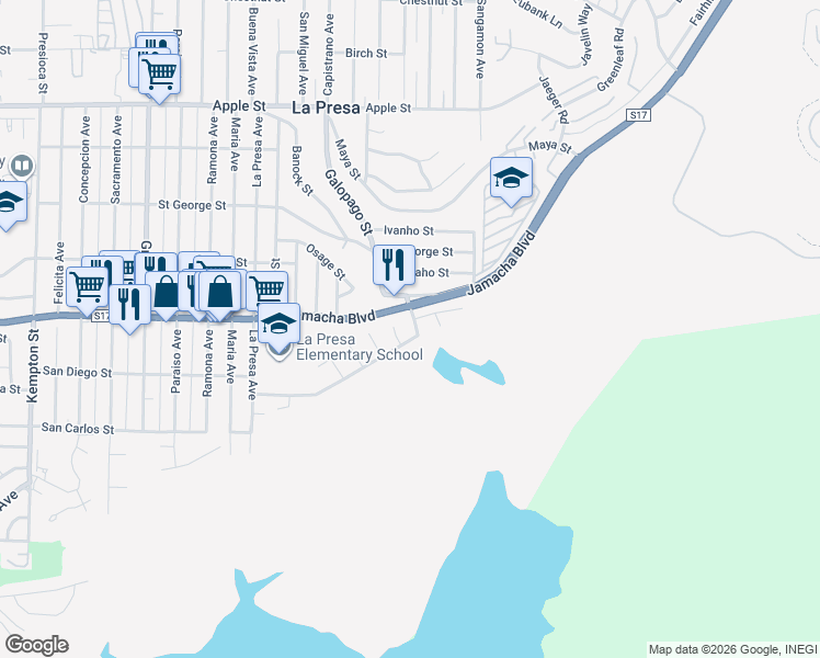 map of restaurants, bars, coffee shops, grocery stores, and more near 9809 San Diego Street in Spring Valley