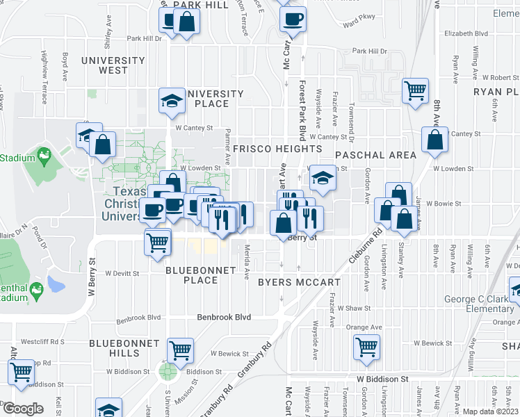 map of restaurants, bars, coffee shops, grocery stores, and more near 3000 Sandage Avenue in Fort Worth