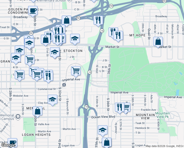 map of restaurants, bars, coffee shops, grocery stores, and more near 233 Francis Street in San Diego