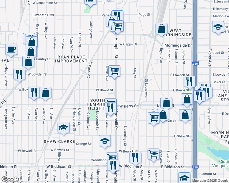 map of restaurants, bars, coffee shops, grocery stores, and more near 707 West Bowie Street in Fort Worth