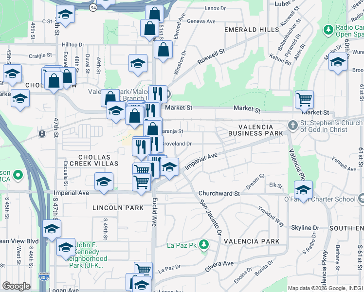 map of restaurants, bars, coffee shops, grocery stores, and more near 5225 Groveland Drive in San Diego