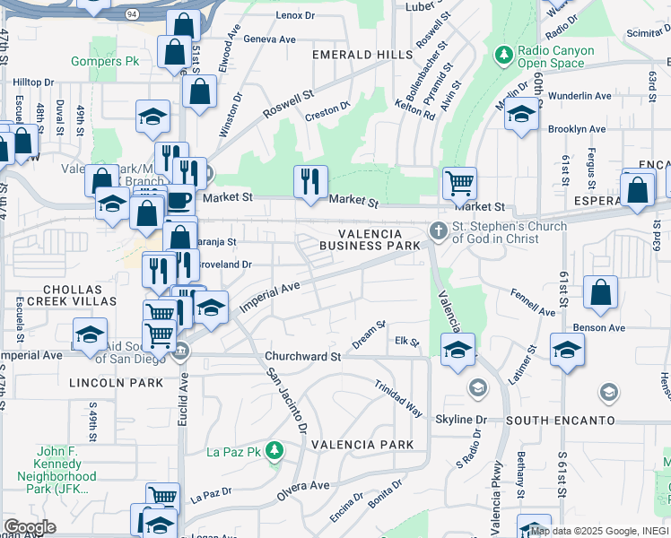 map of restaurants, bars, coffee shops, grocery stores, and more near 5460 Imperial Avenue in San Diego