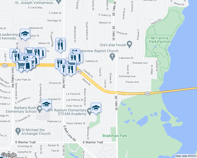 map of restaurants, bars, coffee shops, grocery stores, and more near 2571 Taos Drive in Grand Prairie