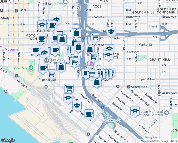 map of restaurants, bars, coffee shops, grocery stores, and more near 201 19th Street in San Diego