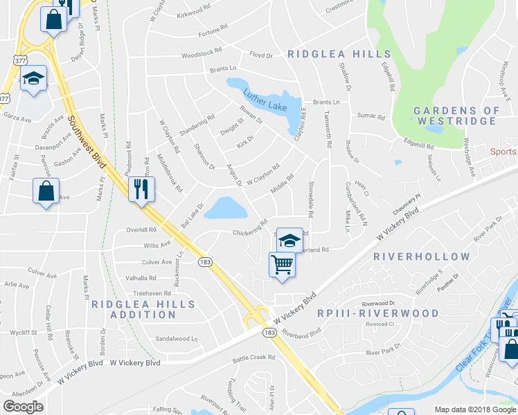 map of restaurants, bars, coffee shops, grocery stores, and more near 4405 Angus Drive in Fort Worth