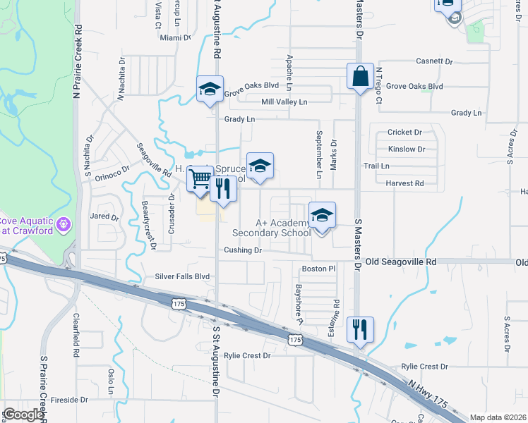 map of restaurants, bars, coffee shops, grocery stores, and more near 332 Campus Drive in Dallas