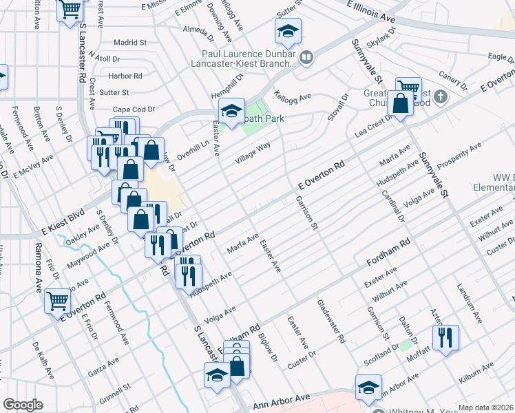 map of restaurants, bars, coffee shops, grocery stores, and more near 2217 East Overton Road in Dallas