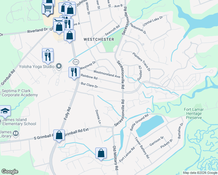 map of restaurants, bars, coffee shops, grocery stores, and more near 1430 Bur Clare Drive in Charleston
