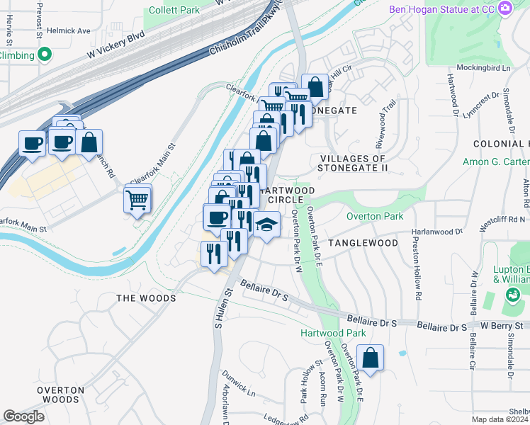 map of restaurants, bars, coffee shops, grocery stores, and more near 3024 Hulen Court in Fort Worth