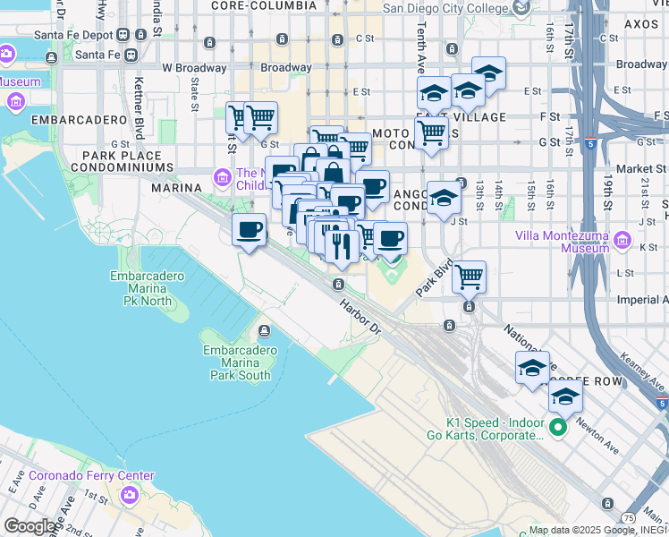 map of restaurants, bars, coffee shops, grocery stores, and more near 207 Fifth Avenue in San Diego