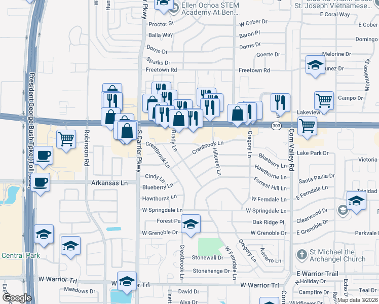 map of restaurants, bars, coffee shops, grocery stores, and more near 534 Cranbrook Lane in Grand Prairie