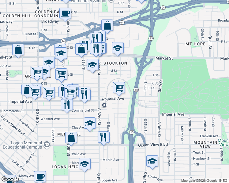 map of restaurants, bars, coffee shops, grocery stores, and more near 3273 L Street in San Diego