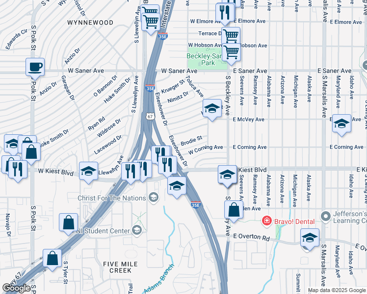 map of restaurants, bars, coffee shops, grocery stores, and more near 302 Brodie Street in Dallas