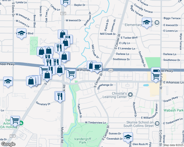 map of restaurants, bars, coffee shops, grocery stores, and more near 124 West Pioneer Parkway in Arlington