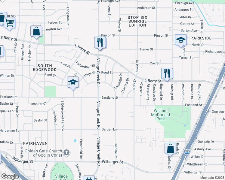 map of restaurants, bars, coffee shops, grocery stores, and more near 5112 Virgil Street in Fort Worth
