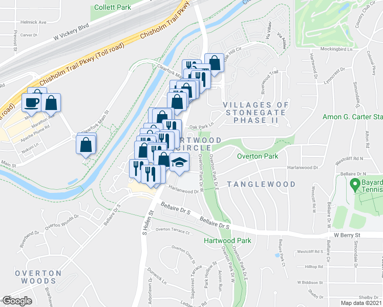 map of restaurants, bars, coffee shops, grocery stores, and more near 3016 Tanglewood Park East in Fort Worth
