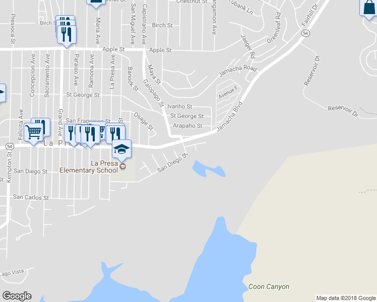 map of restaurants, bars, coffee shops, grocery stores, and more near 9809 San Diego Street in Spring Valley