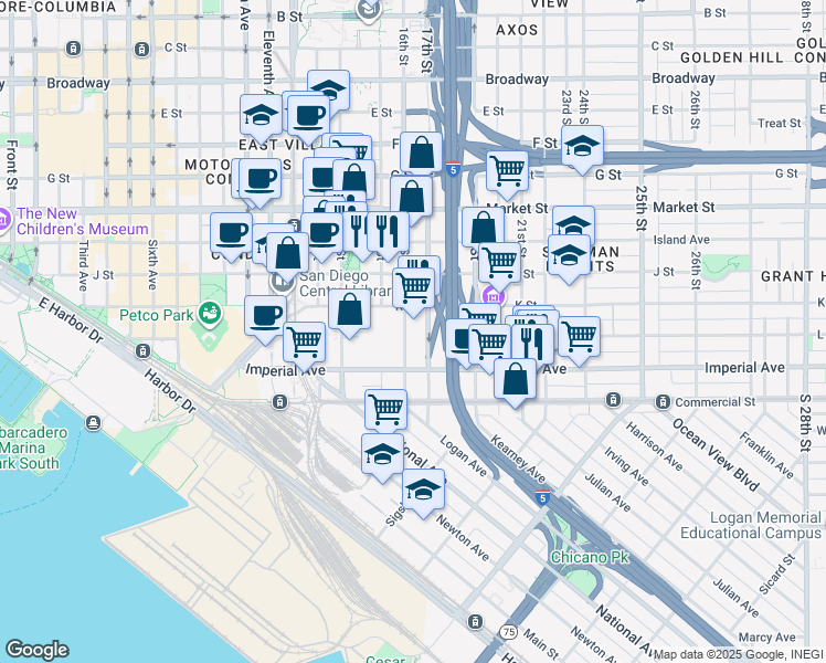 map of restaurants, bars, coffee shops, grocery stores, and more near 205 16th Street in San Diego