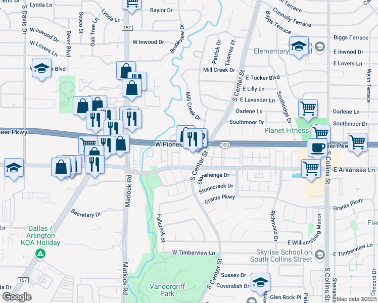 map of restaurants, bars, coffee shops, grocery stores, and more near 220 West Pioneer Parkway in Arlington