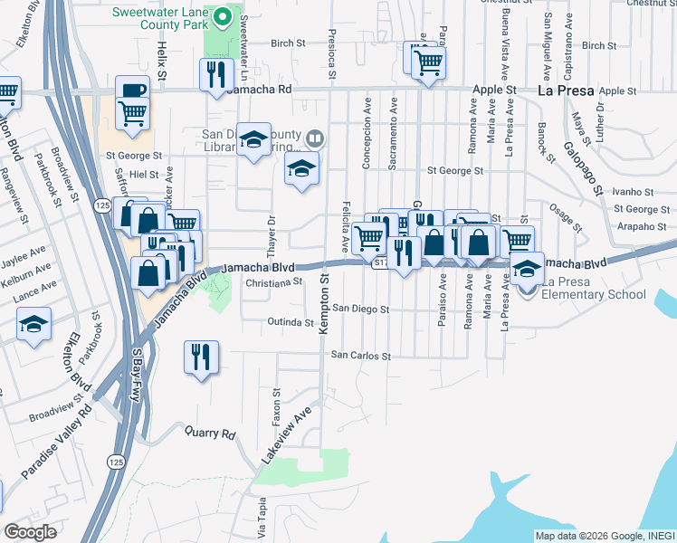 map of restaurants, bars, coffee shops, grocery stores, and more near 549 Kempton Street in Spring Valley