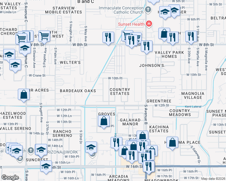 map of restaurants, bars, coffee shops, grocery stores, and more near 1001-1199 S Appaloosa Ave in Yuma