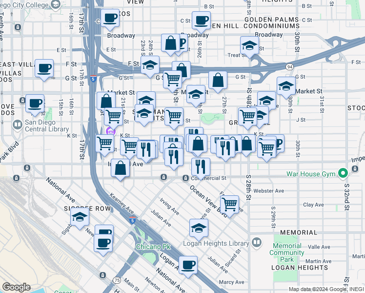map of restaurants, bars, coffee shops, grocery stores, and more near 2 24th Street in San Diego