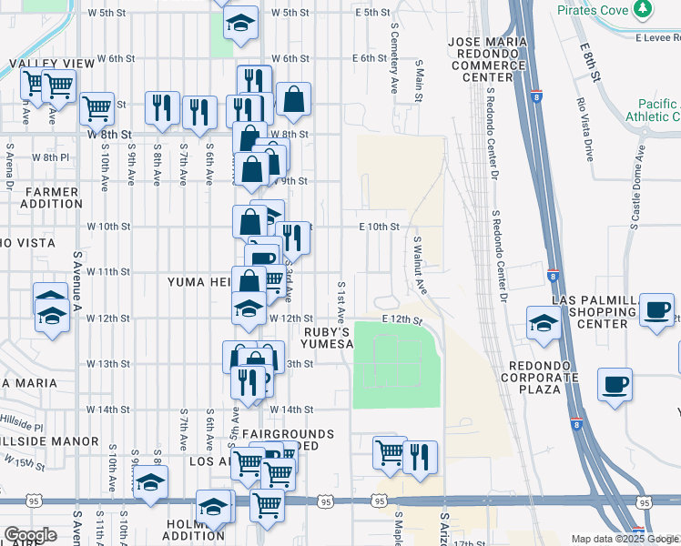 map of restaurants, bars, coffee shops, grocery stores, and more near 1098 South 1st Avenue in Yuma