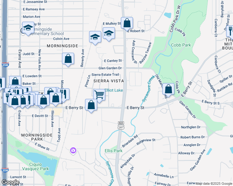 map of restaurants, bars, coffee shops, grocery stores, and more near 2942 South Riverside Drive in Fort Worth
