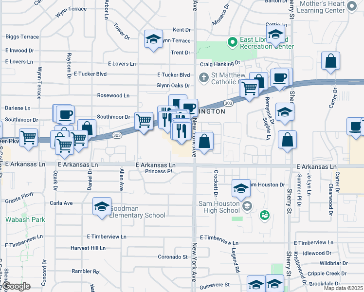 map of restaurants, bars, coffee shops, grocery stores, and more near 1818 East Pioneer Parkway in Arlington