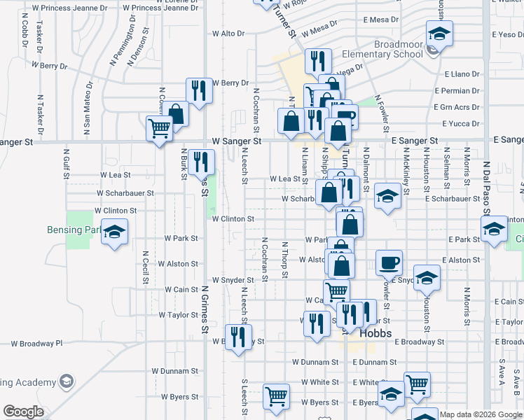 map of restaurants, bars, coffee shops, grocery stores, and more near 709 North Cochran Street in Hobbs