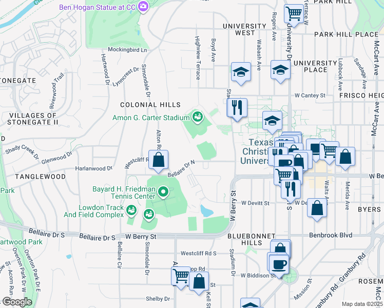map of restaurants, bars, coffee shops, grocery stores, and more near 1011 Frog Al in Fort Worth