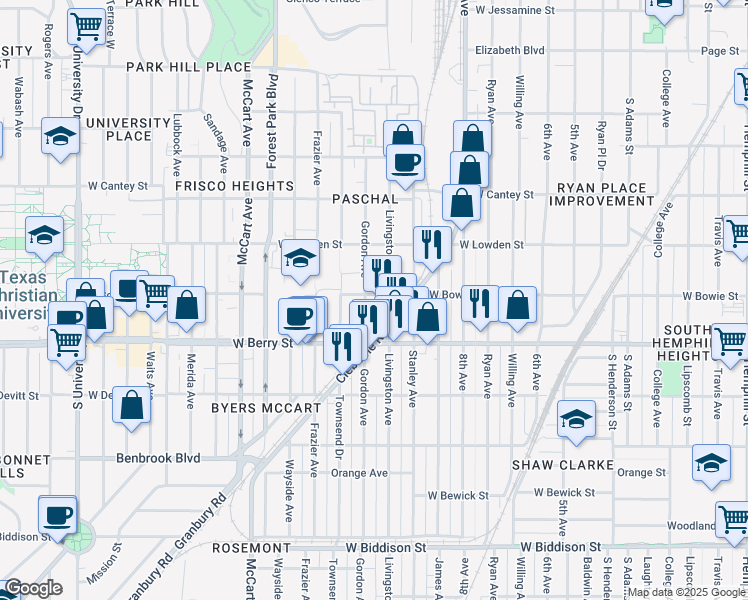 map of restaurants, bars, coffee shops, grocery stores, and more near in Fort Worth
